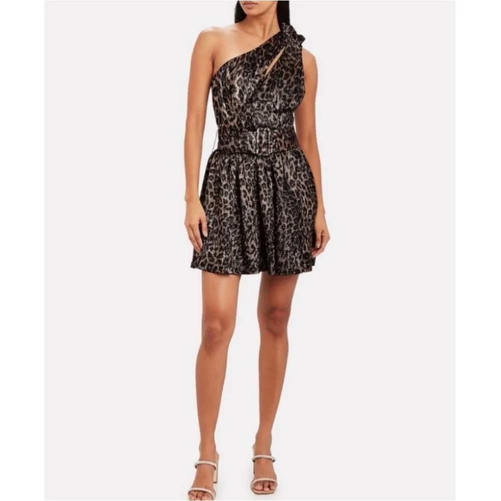 Retrofete NWT Isabelle Gold Metallic Leopard One Shoulder Belted Mini Dress L